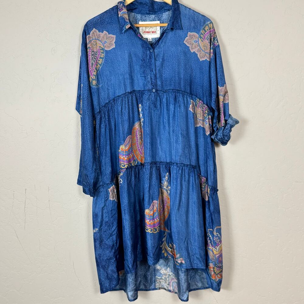 Johnny Was Biya Paisley Sascha Silk Tiered Dress Roll Tab Sleeves NWT Small Boho